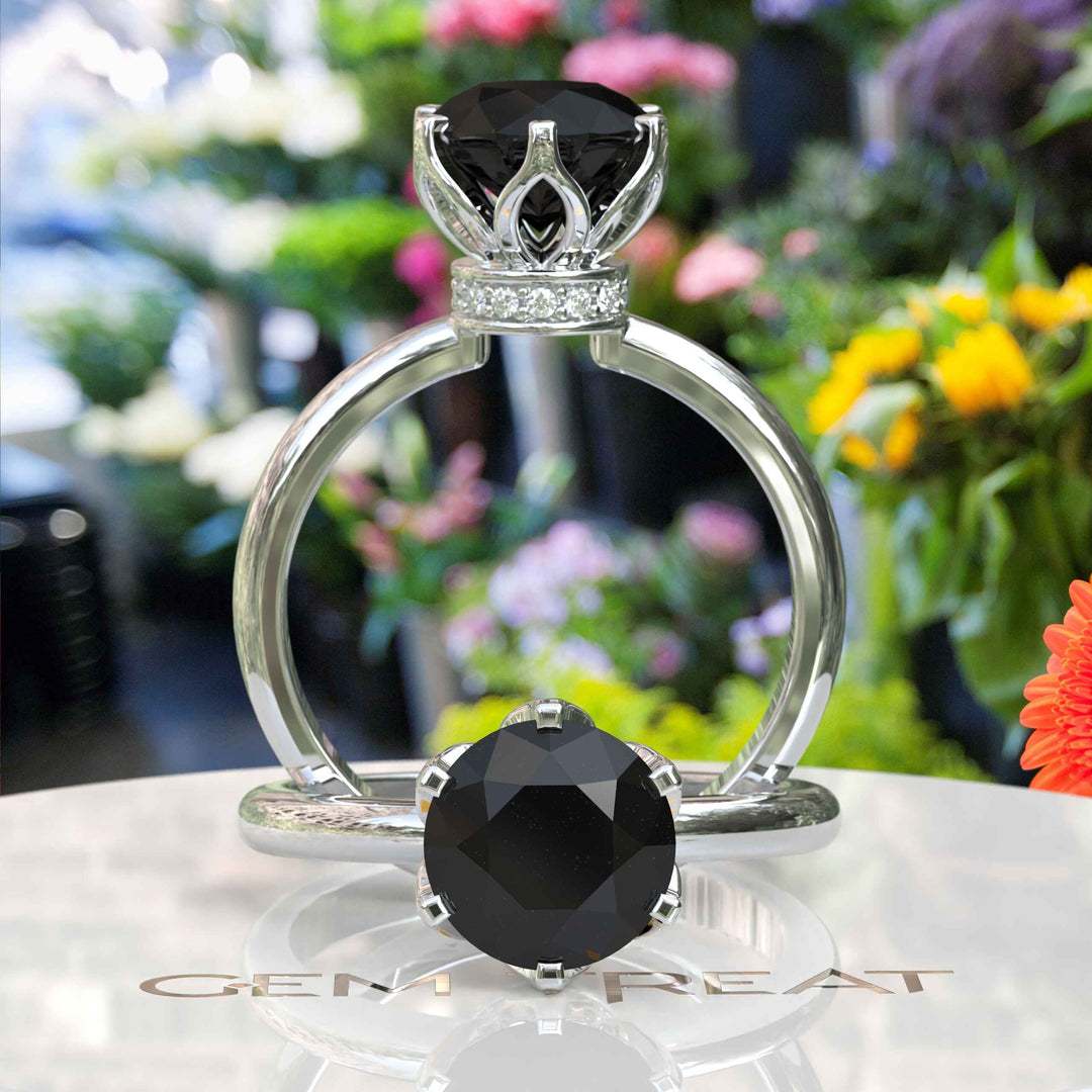 Striking Round Black Onyx Solitaire with Moissanite Under Halo Accents