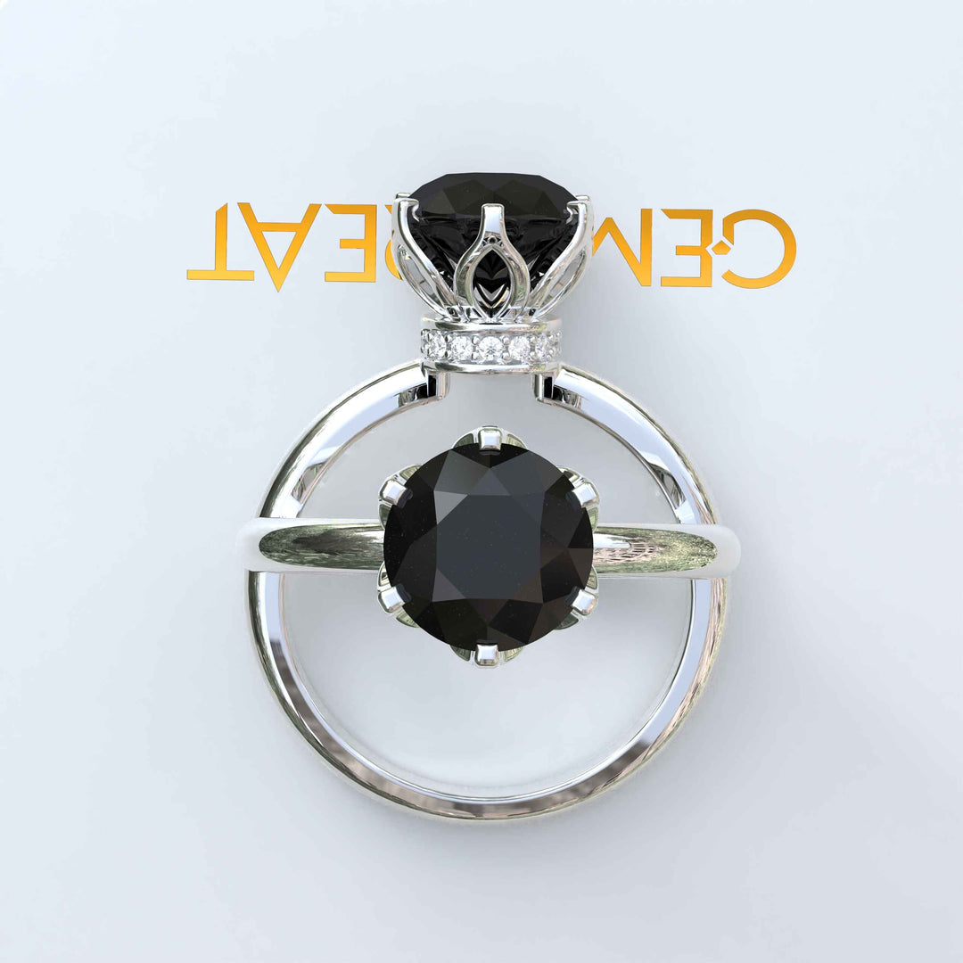 Striking Round Black Onyx Solitaire with Moissanite Under Halo Accents