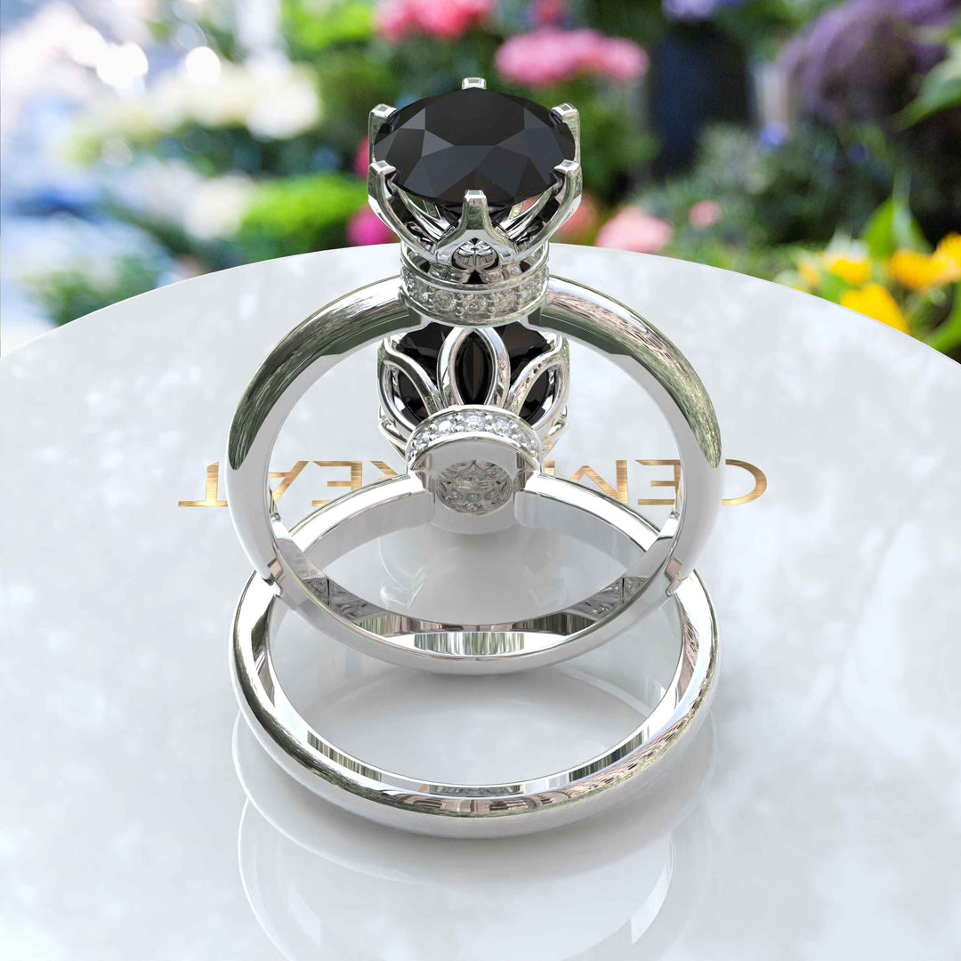 Striking Round Black Onyx Solitaire with Moissanite Under Halo Accents