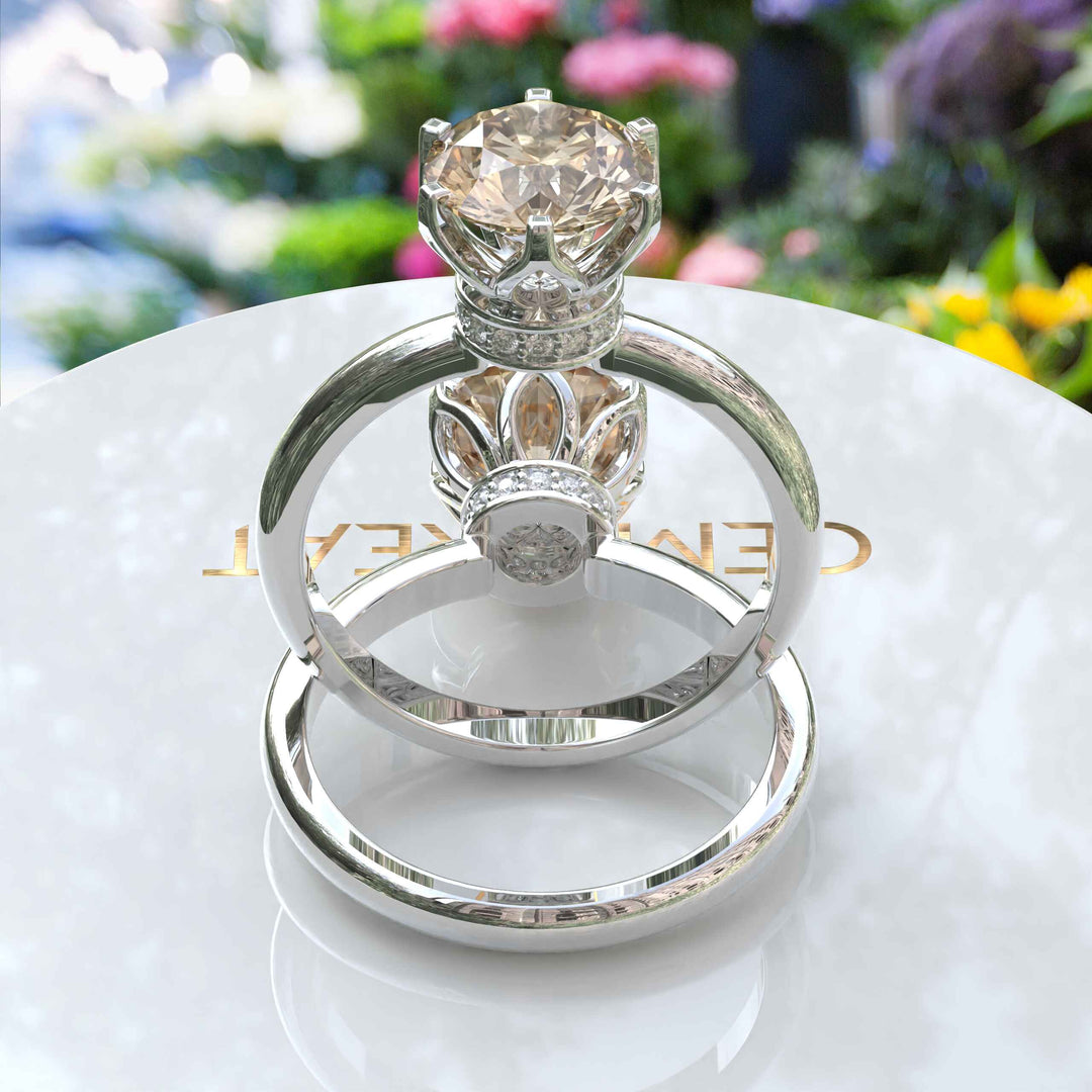 Lustrous Charm: Round Champagne Moissanite Under Halo Engagement Ring