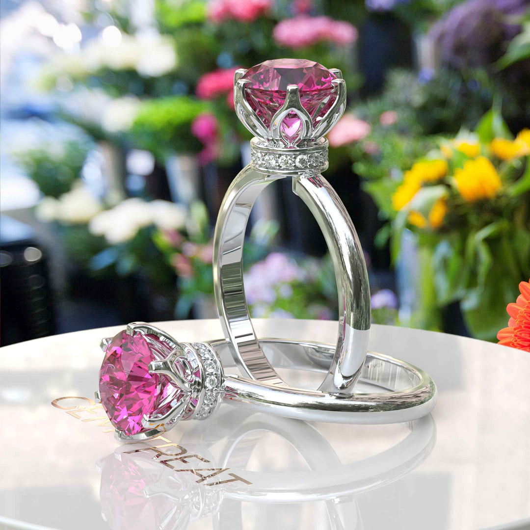 Moissanite Under Halo Kiss: Classic Pink Sapphire Ring Brilliance