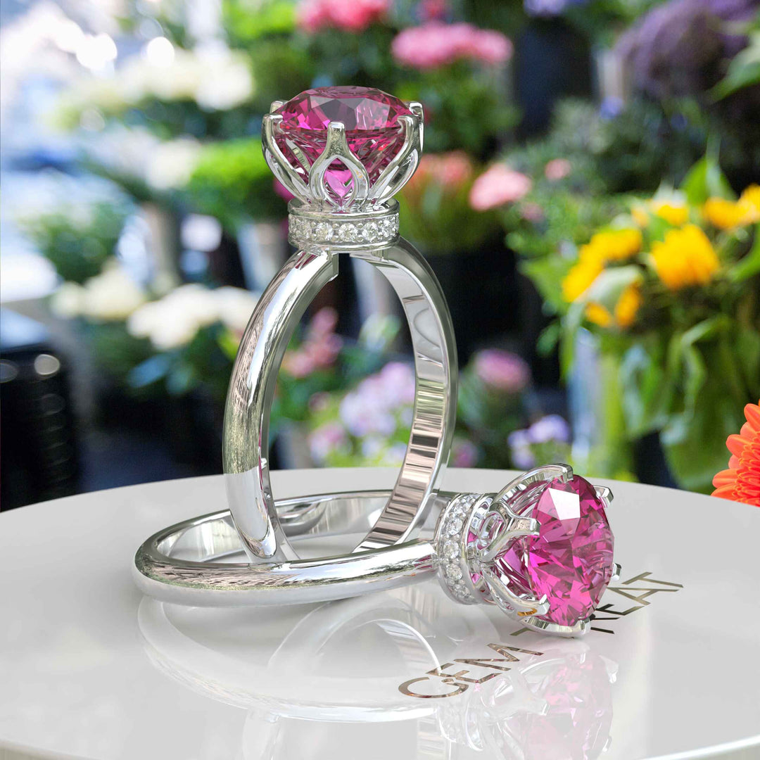 Moissanite Under Halo Kiss: Classic Pink Sapphire Ring Brilliance