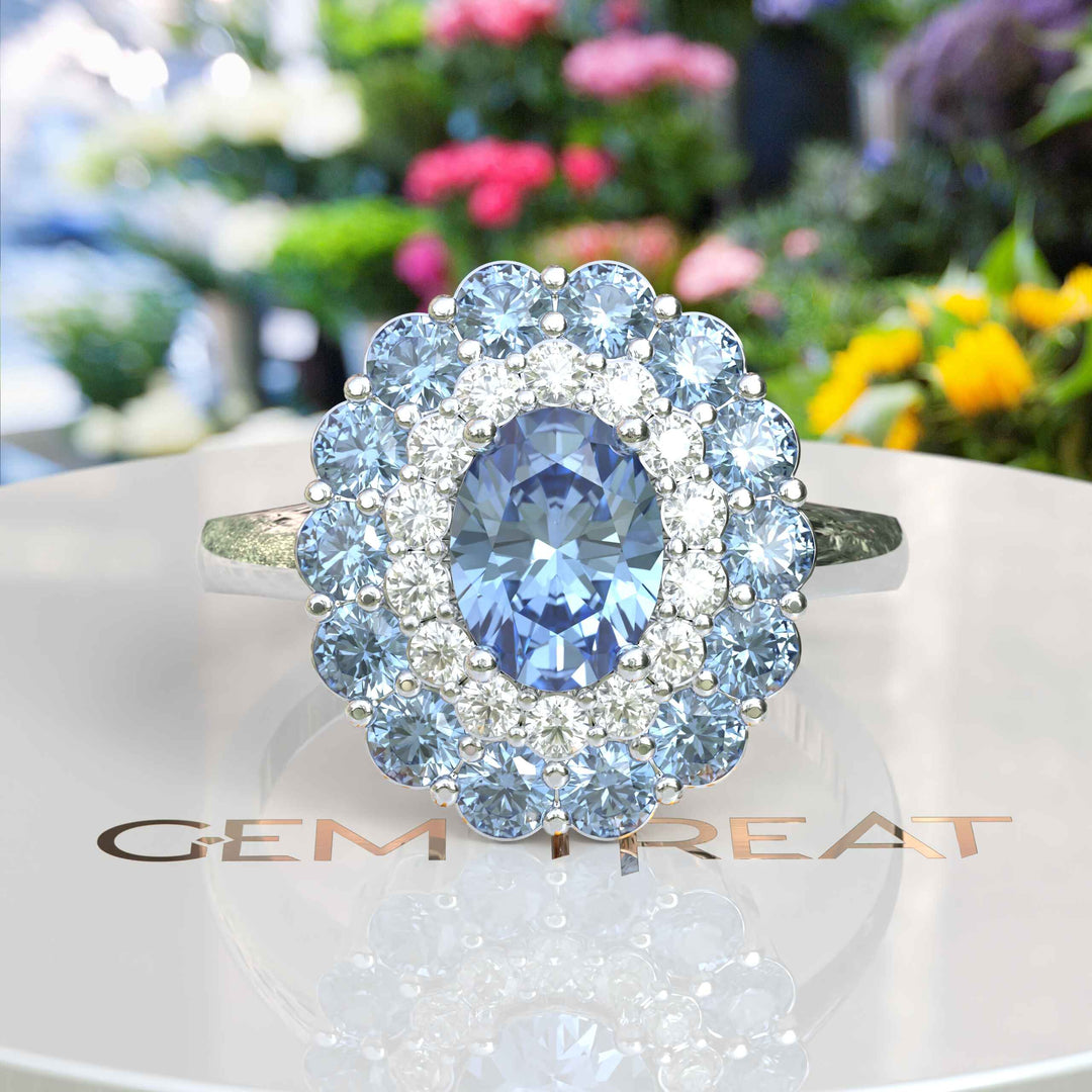 Stunning Oval Blue Moissanite Surrounded by Glistening Double Halo Ring