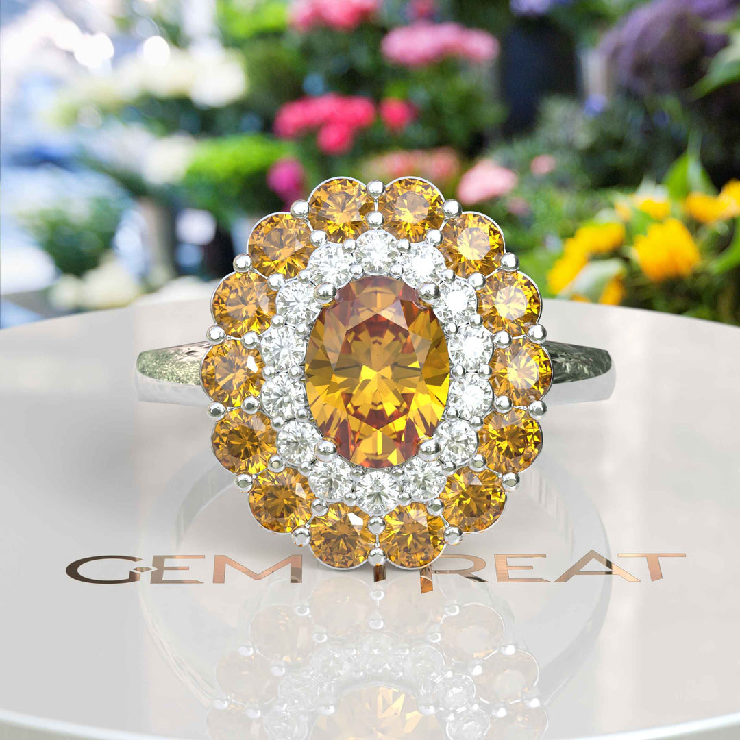 Dual Luster: Elegant Oval Citrine Ring Flanked by Moissanite & Citrine Halo