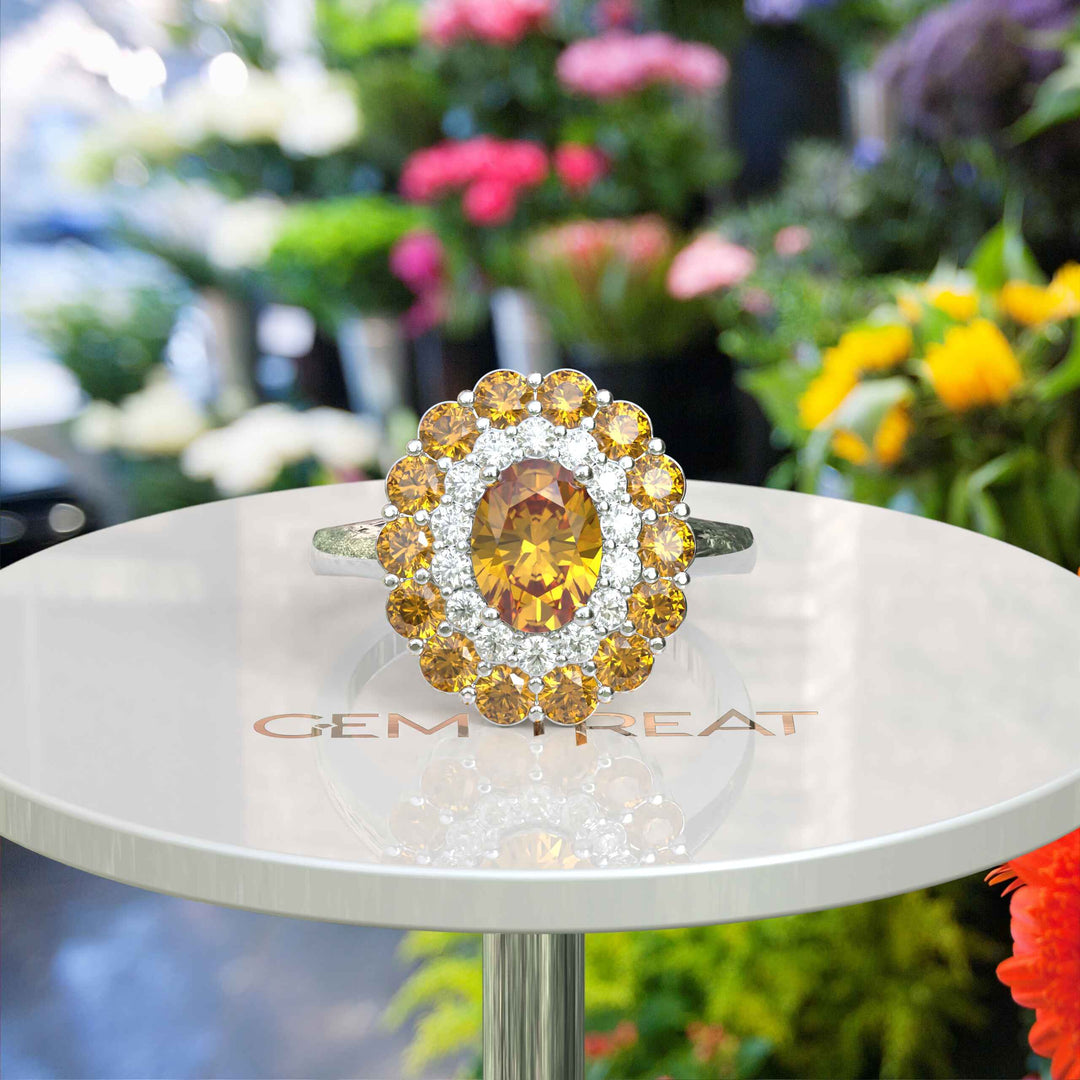 Dual Luster: Elegant Oval Citrine Ring Flanked by Moissanite & Citrine Halo