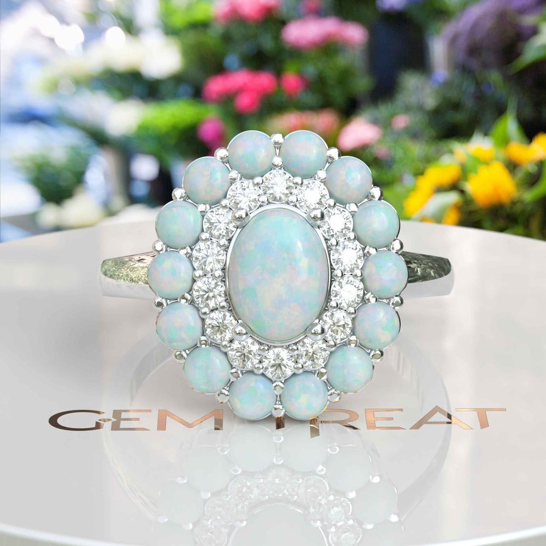 Ethereal Glow: Oval Opal Centerpiece Ring Surrounded by Moissanite and Opal Halo