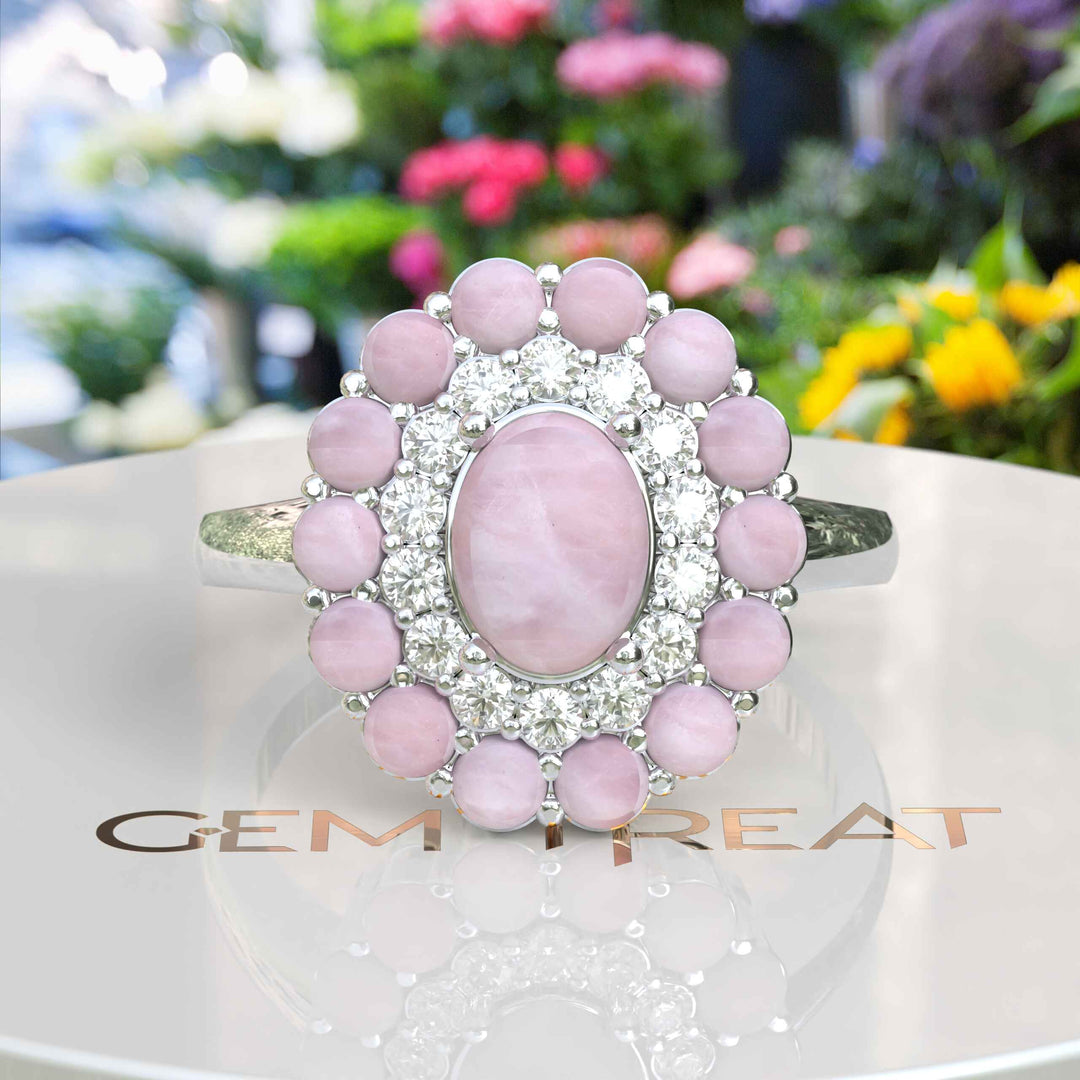 Enchanting Oval Rose Quartz Ring, Encircled by Moissanite and Rose Quartz Double Halo