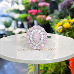 Load image into Gallery viewer, Enchanting Oval Rose Quartz Ring, Encircled by Moissanite and Rose Quartz Double Halo
