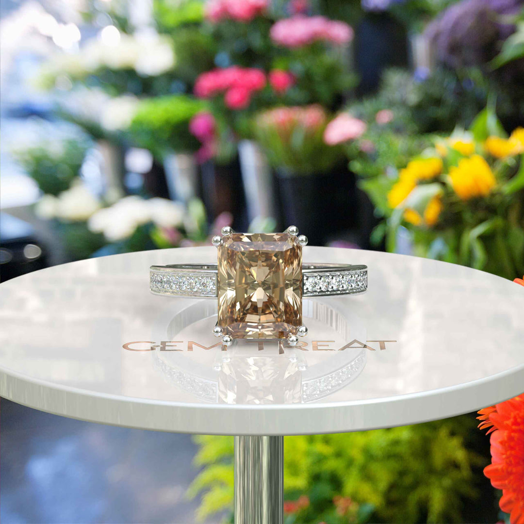 4.0ct Champagne Moissanite: Emerald-Cut Engagement Ring Excellence