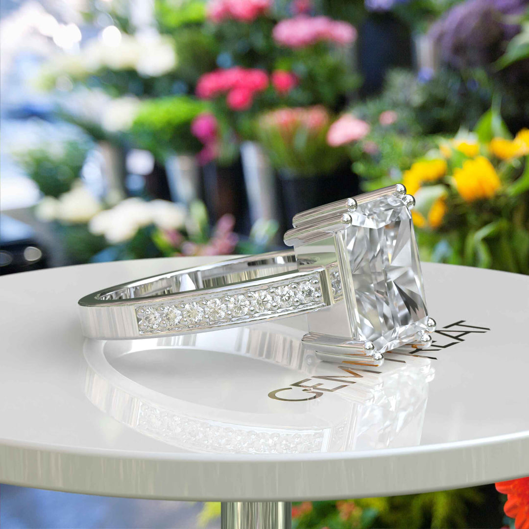 Statement of Love: 4.5ct White Emerald Cut Moissanite Ring for the Perfect Engagement