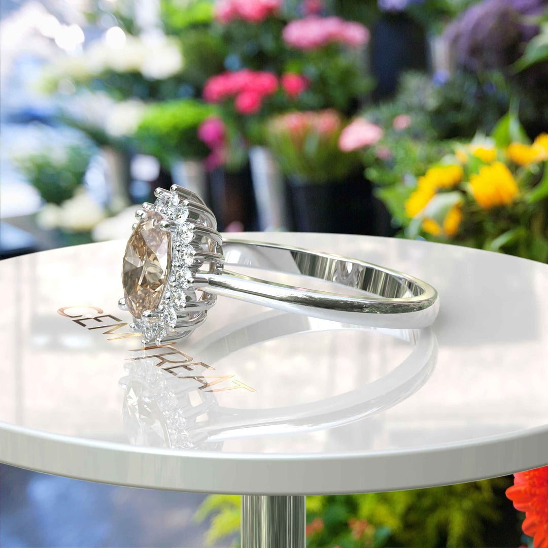 Capture Her Heart: Oval Champagne Moissanite with Lustrous Moissanite Halo