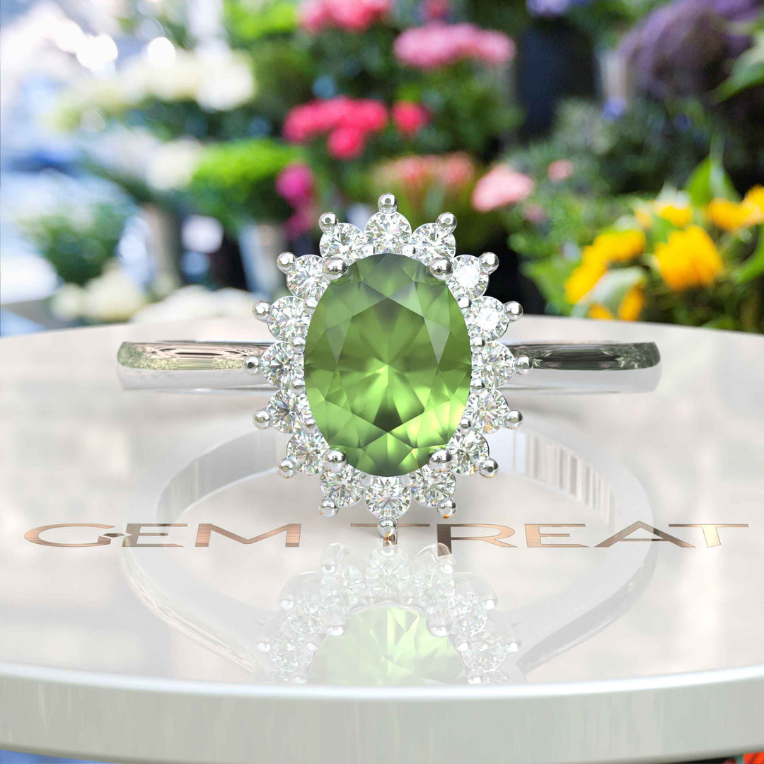 Vibrant Elegance Unleashed: Celebrate with an Oval Peridot Center in This Halo Ring