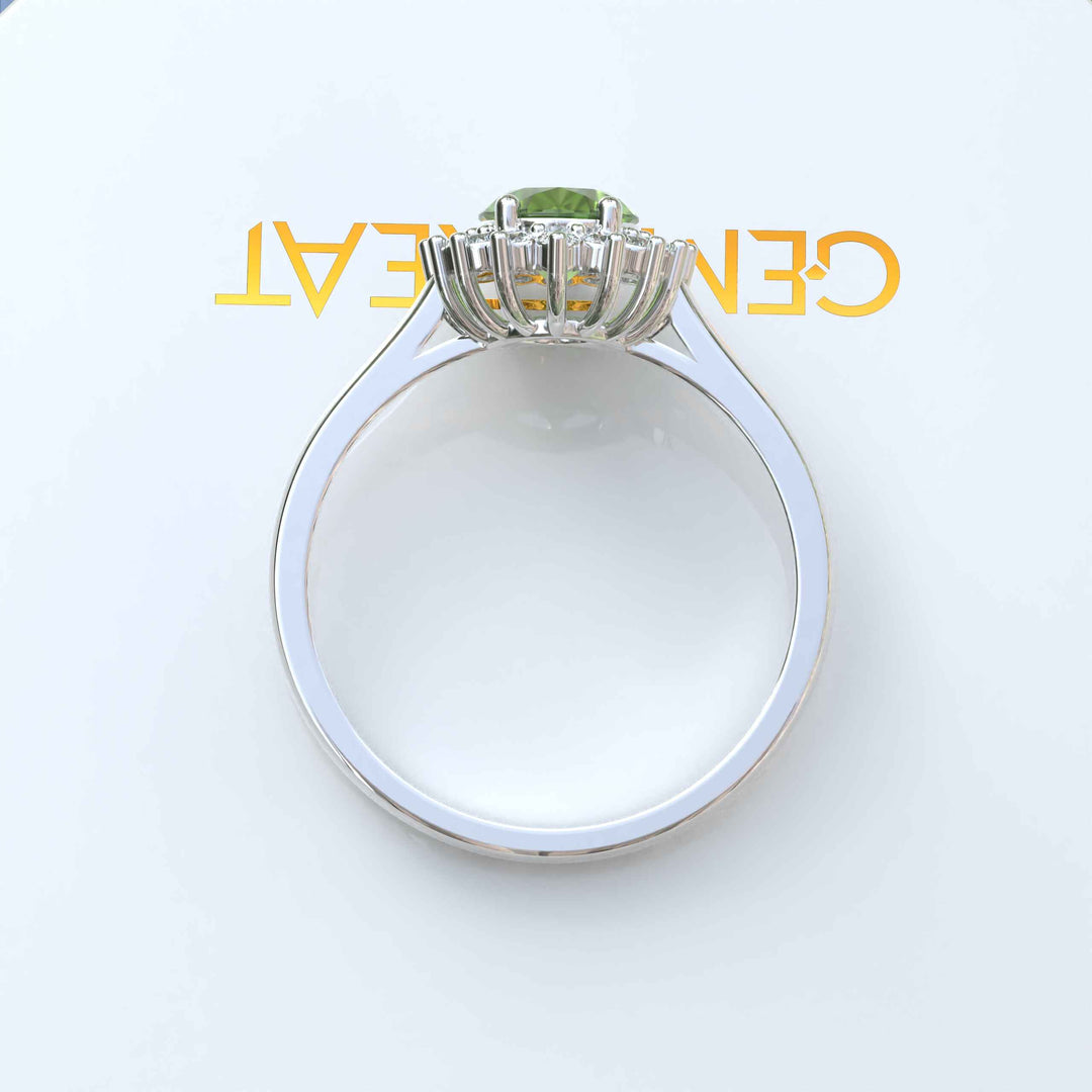 Vibrant Elegance Unleashed: Celebrate with an Oval Peridot Center in This Halo Ring