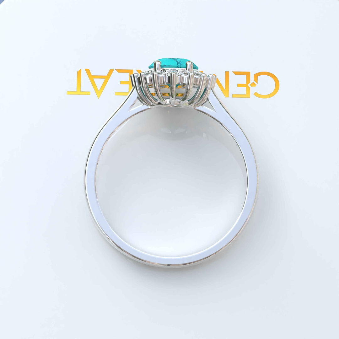 Natural Elegance: Luminous Oval Turquoise Ring Crowned with a Moissanite Halo