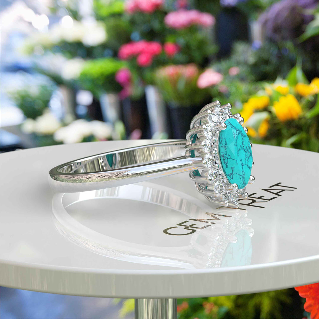 Natural Elegance: Luminous Oval Turquoise Ring Crowned with a Moissanite Halo