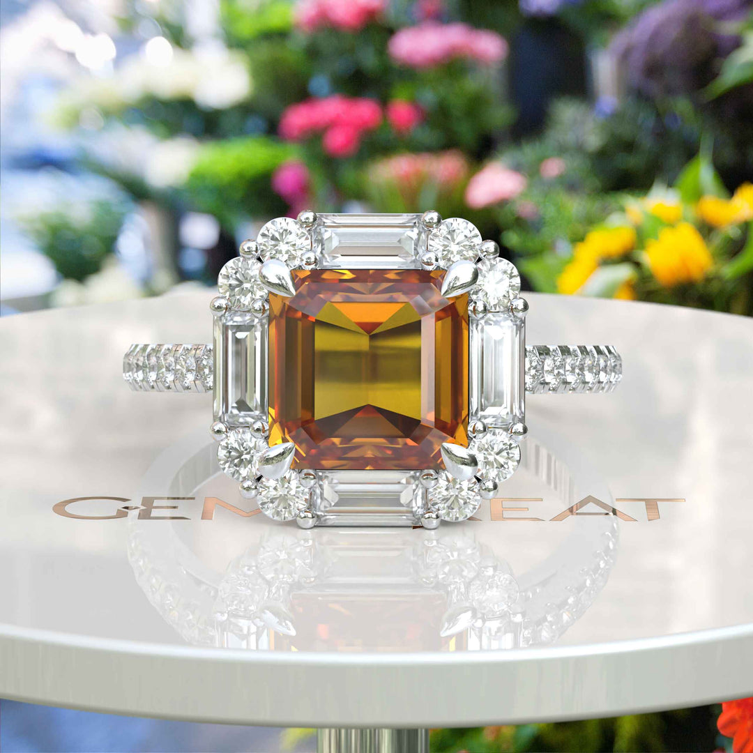 Exquisite Asscher Cut Citrine Ring Framed by Baguette Moissanite Halo