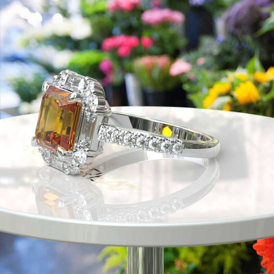 Exquisite Asscher Cut Citrine Ring Framed by Baguette Moissanite Halo