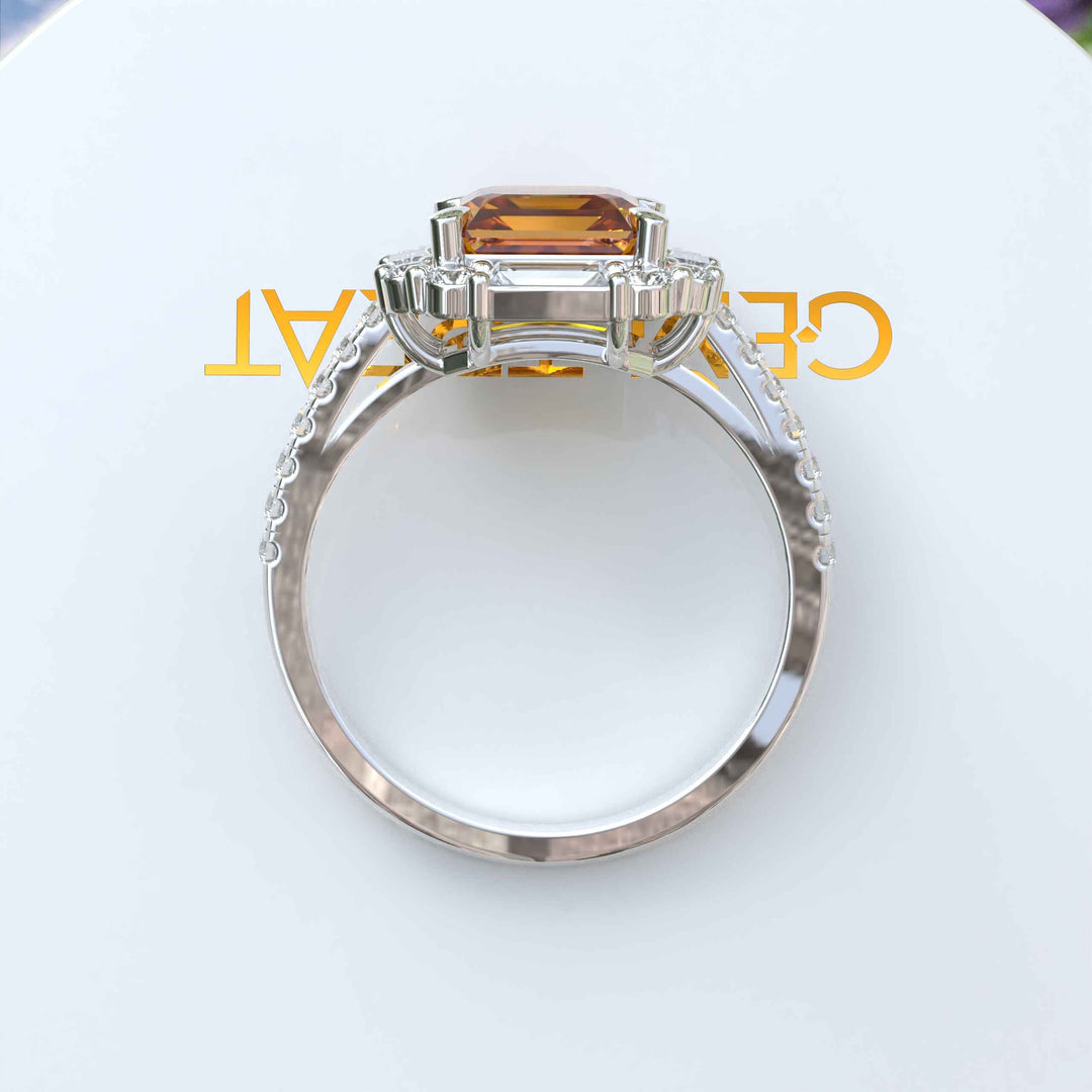 Exquisite Asscher Cut Citrine Ring Framed by Baguette Moissanite Halo