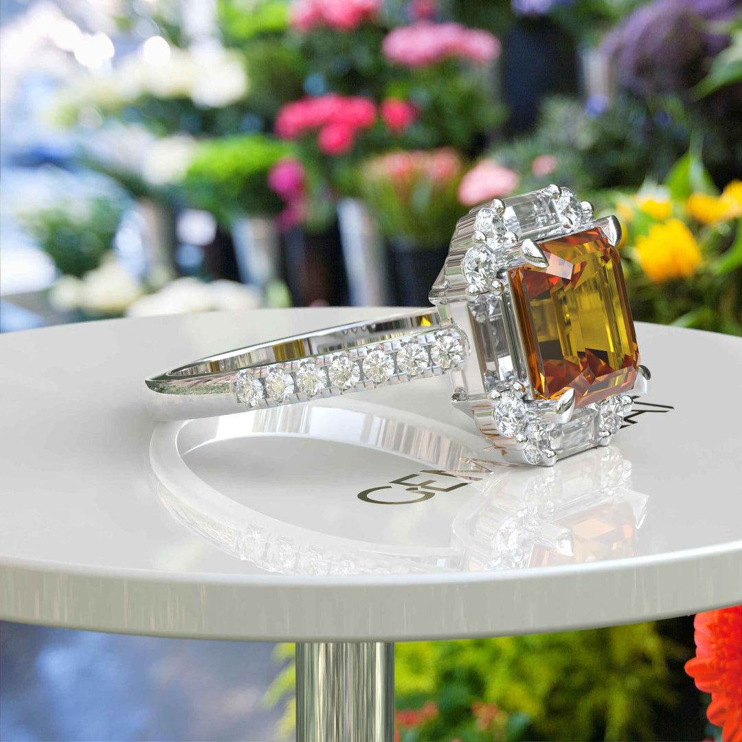 Exquisite Asscher Cut Citrine Ring Framed by Baguette Moissanite Halo