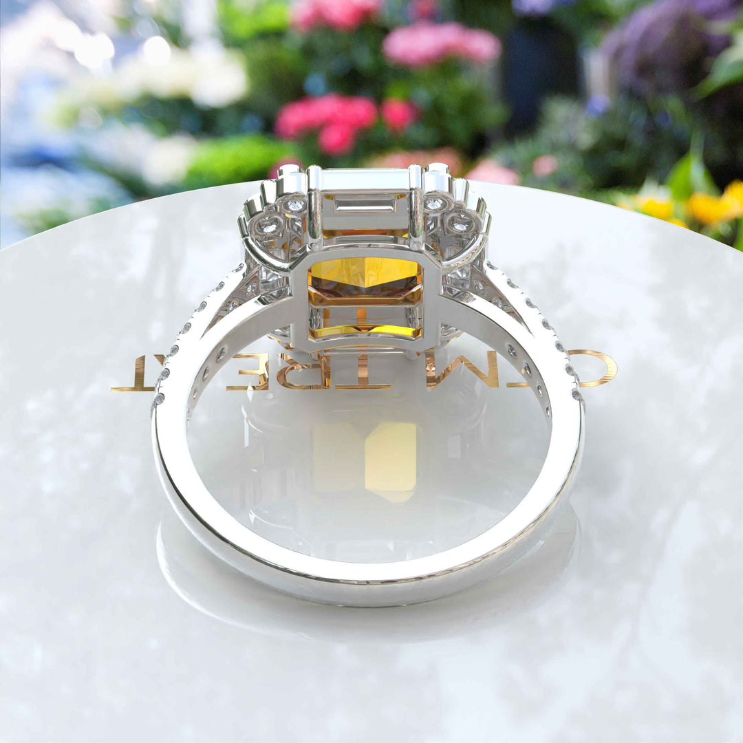 Exquisite Asscher Cut Citrine Ring Framed by Baguette Moissanite Halo