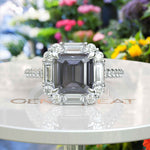 Load image into Gallery viewer, Exclusive 3ct Gray Moissanite Asscher-Cut Ring with Unique Baguette Moissanite Halo
