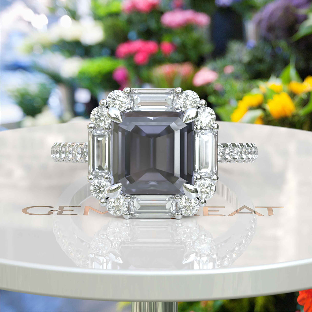 Exclusive 3ct Gray Moissanite Asscher-Cut Ring with Unique Baguette Moissanite Halo