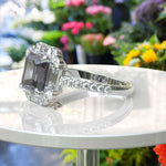 Load image into Gallery viewer, Exclusive 3ct Gray Moissanite Asscher-Cut Ring with Unique Baguette Moissanite Halo
