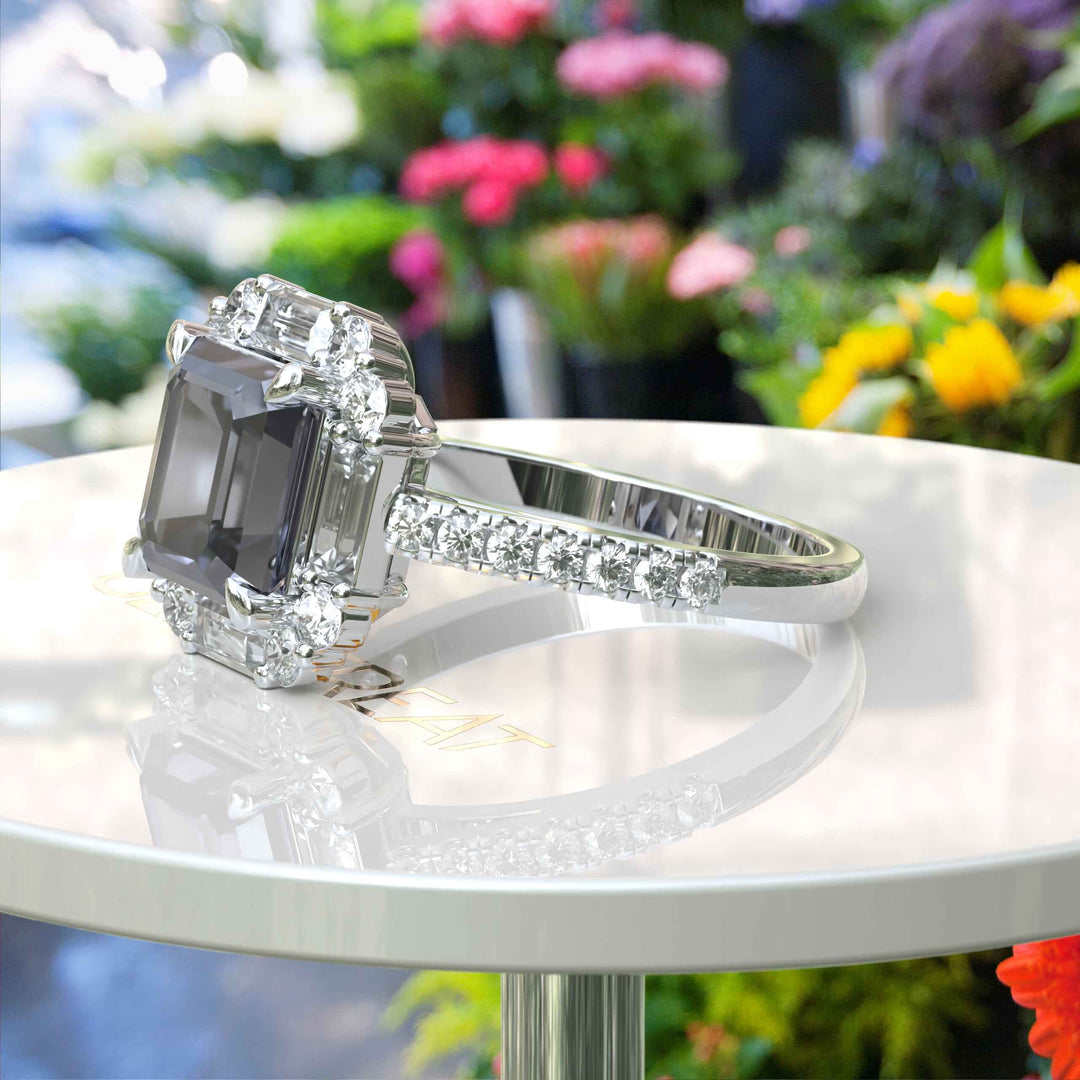 Exclusive 3ct Gray Moissanite Asscher-Cut Ring with Unique Baguette Moissanite Halo