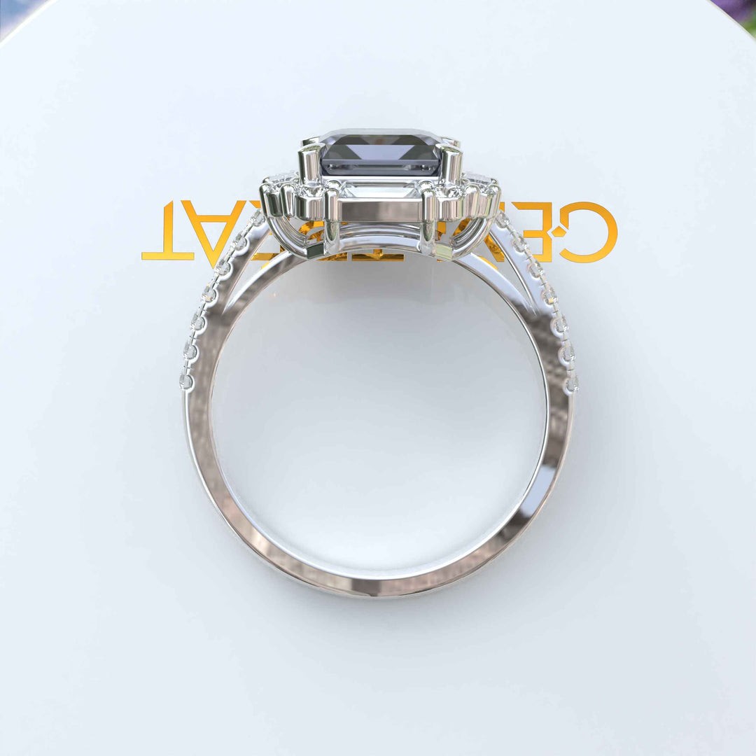 Exclusive 3ct Gray Moissanite Asscher-Cut Ring with Unique Baguette Moissanite Halo