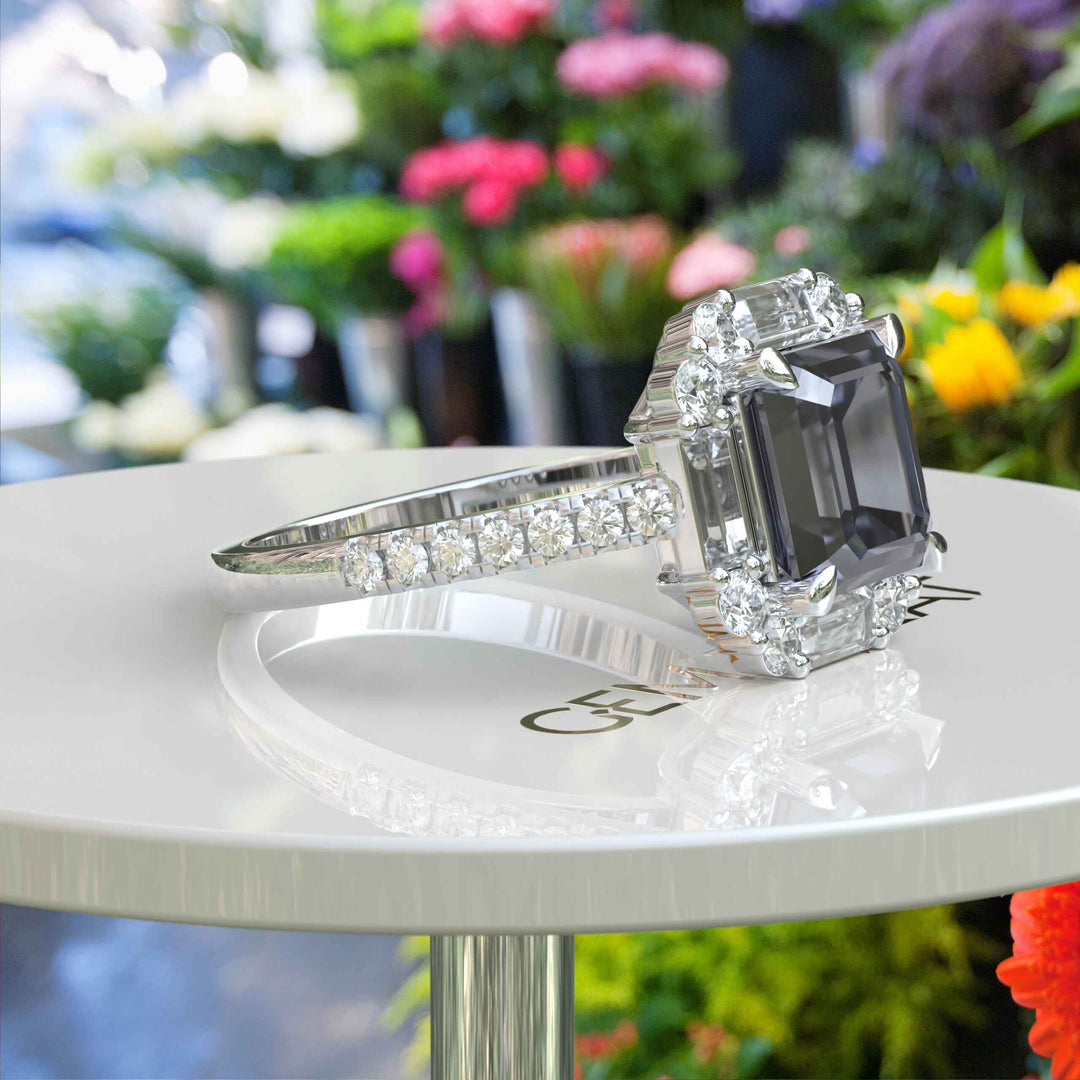 Exclusive 3ct Gray Moissanite Asscher-Cut Ring with Unique Baguette Moissanite Halo