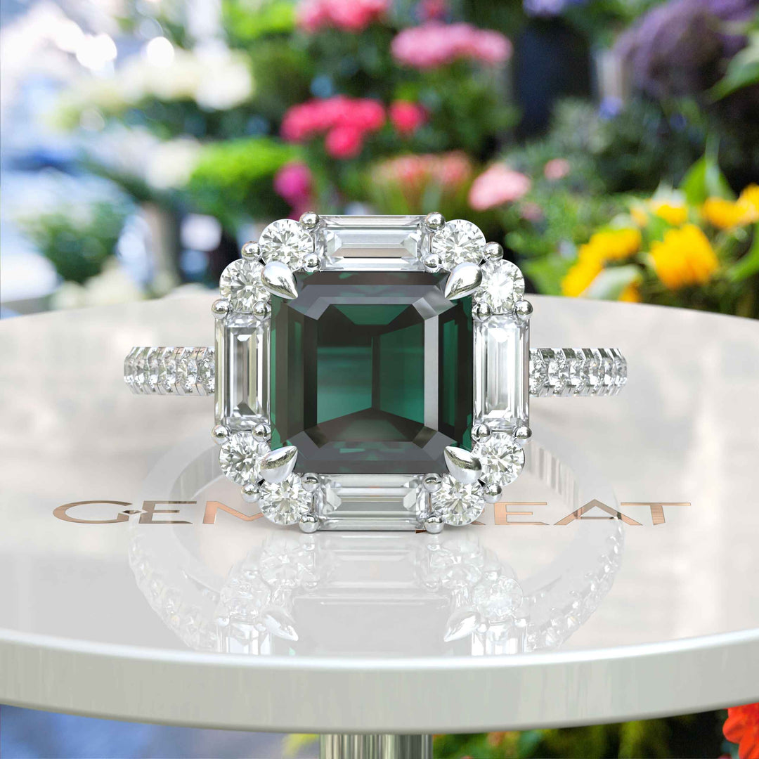 Green Majesty Meets Brilliance: Asscher Cut Green Emerald Ring, Enveloped in Moissanite Baguette Halo