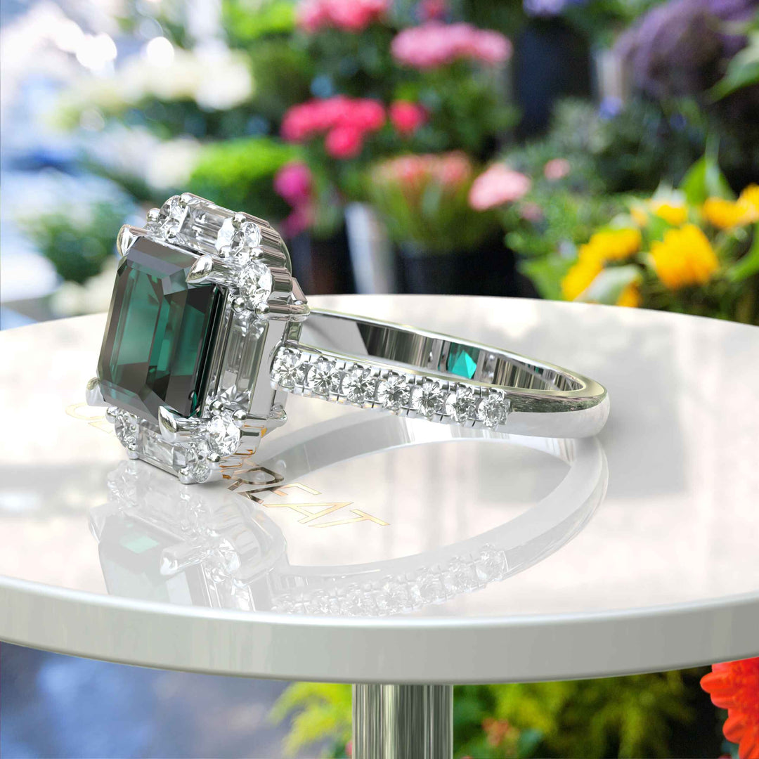 Green Majesty Meets Brilliance: Asscher Cut Green Emerald Ring, Enveloped in Moissanite Baguette Halo