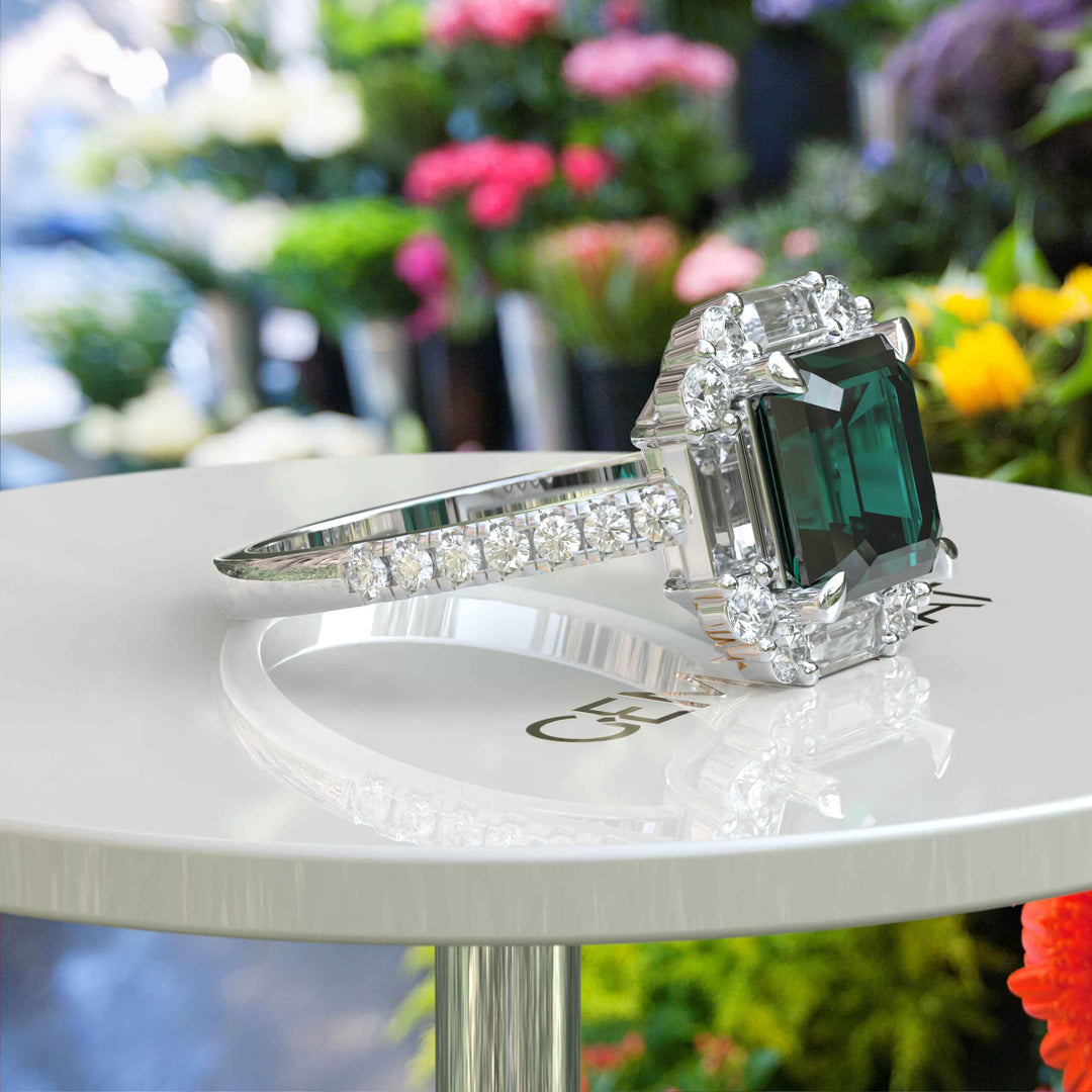 Green Majesty Meets Brilliance: Asscher Cut Green Emerald Ring, Enveloped in Moissanite Baguette Halo