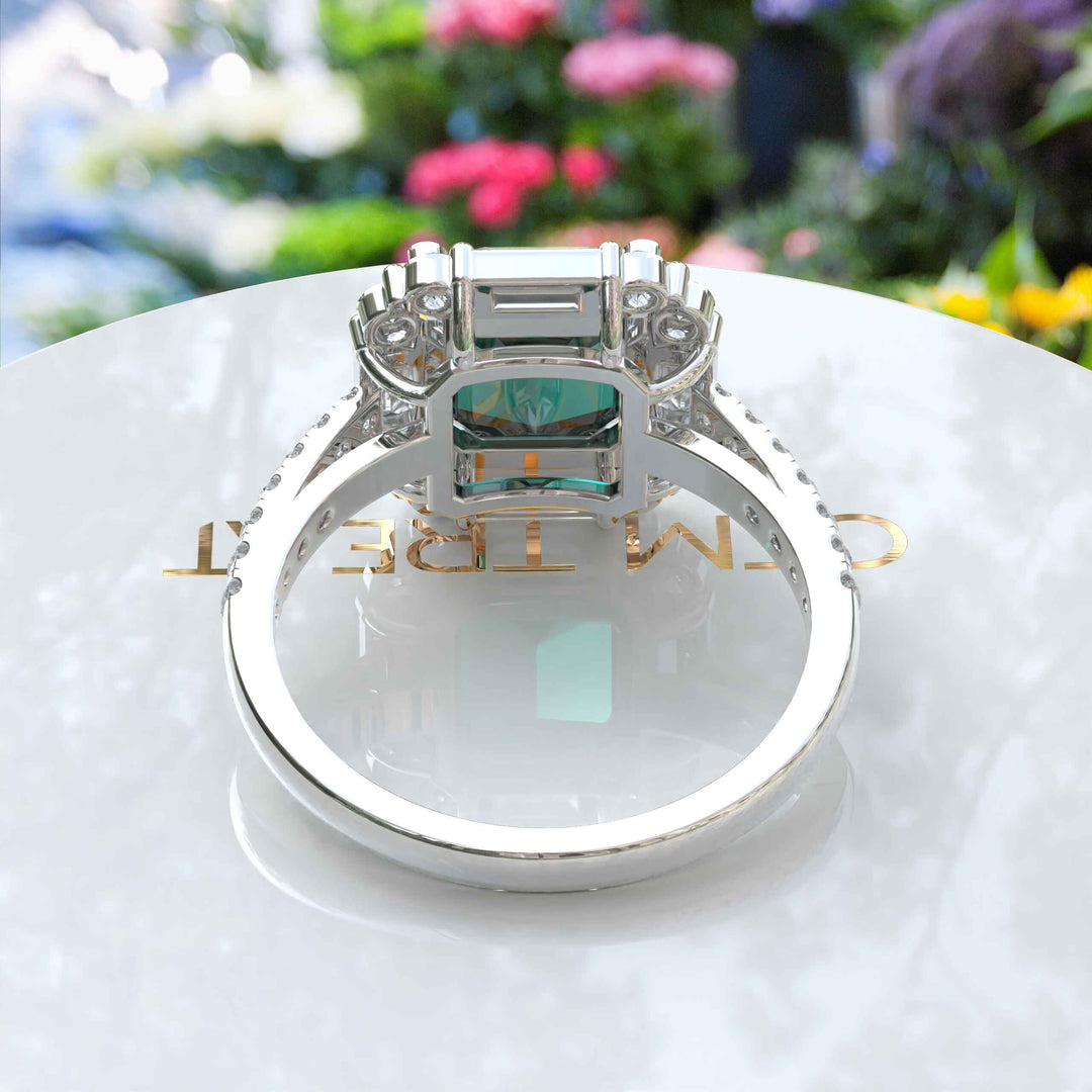 Green Majesty Meets Brilliance: Asscher Cut Green Emerald Ring, Enveloped in Moissanite Baguette Halo