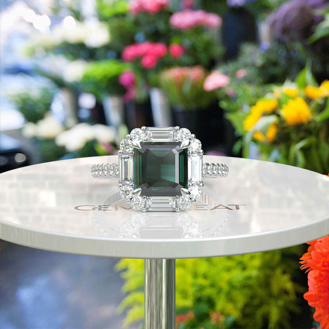 Green Majesty Meets Brilliance: Asscher Cut Green Emerald Ring, Enveloped in Moissanite Baguette Halo