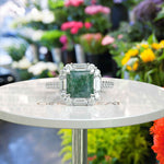 Load image into Gallery viewer, Earthly Enigma: Square Moss Agate and Moissanite Baguette Halo Ring.
