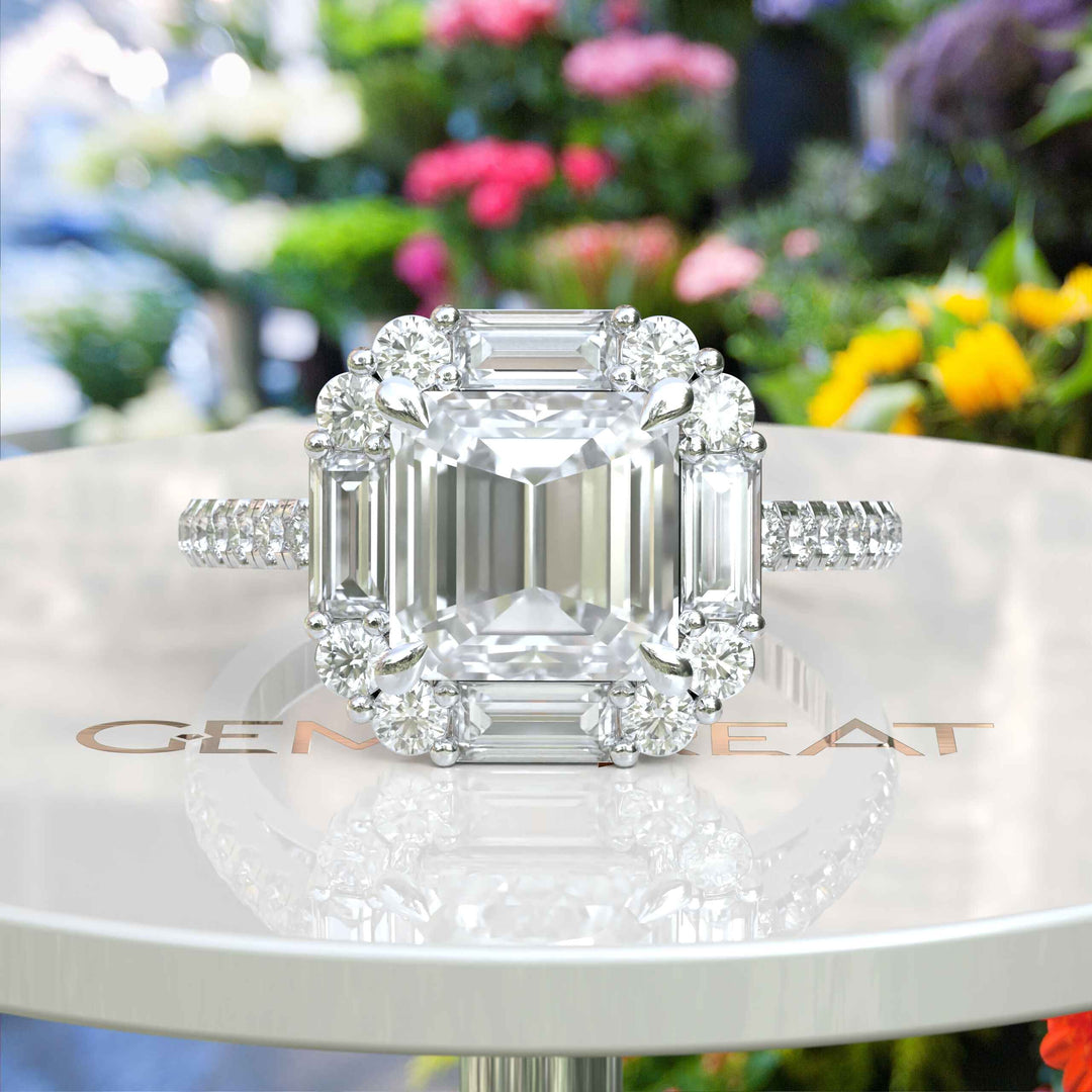 Modern Romance: 3.0ct Asscher Cut Engagement Ring Encircled by Gleaming Baguette Moissanites.