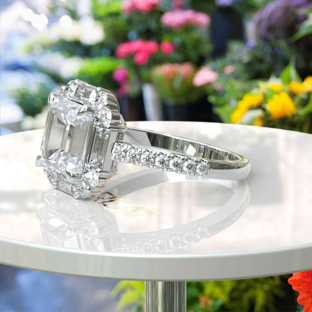 Modern Romance: 3.0ct Asscher Cut Engagement Ring Encircled by Gleaming Baguette Moissanites.