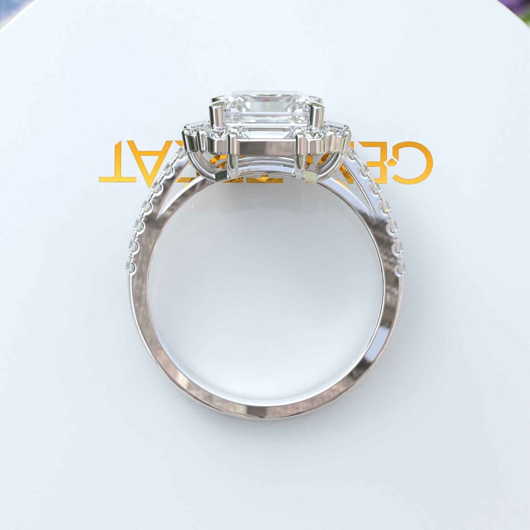 Modern Romance: 3.0ct Asscher Cut Engagement Ring Encircled by Gleaming Baguette Moissanites.