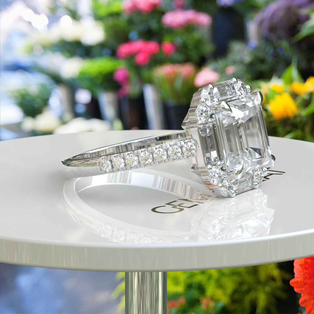 Modern Romance: 3.0ct Asscher Cut Engagement Ring Encircled by Gleaming Baguette Moissanites.