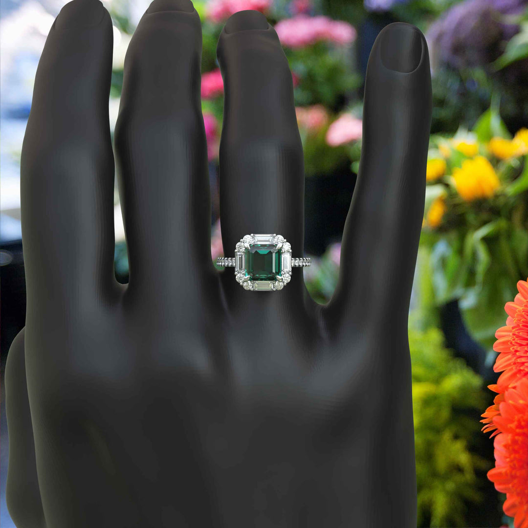 Green Majesty Meets Brilliance: Asscher Cut Green Emerald Ring, Enveloped in Moissanite Baguette Halo