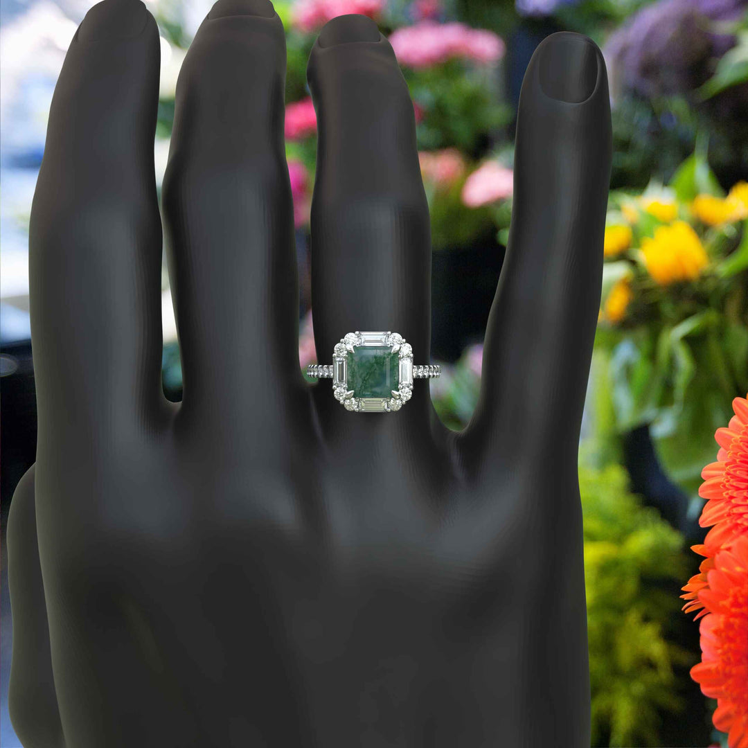 Earthly Enigma: Square Moss Agate and Moissanite Baguette Halo Ring.