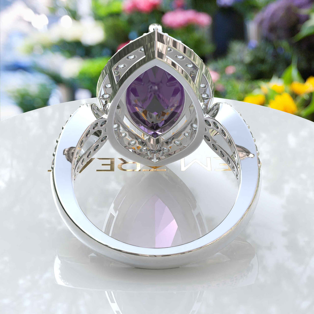 Large 8.0ct Marquise Amethyst Engagement Ring with Lustrous Moissanite Halo