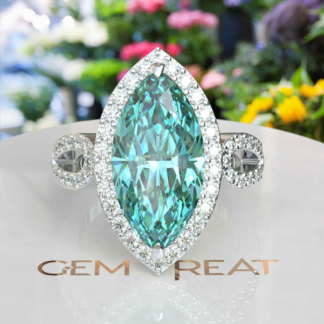 Elegant Large 8.0ct Marquise Cyan Blue Moissanite with Halo Setting