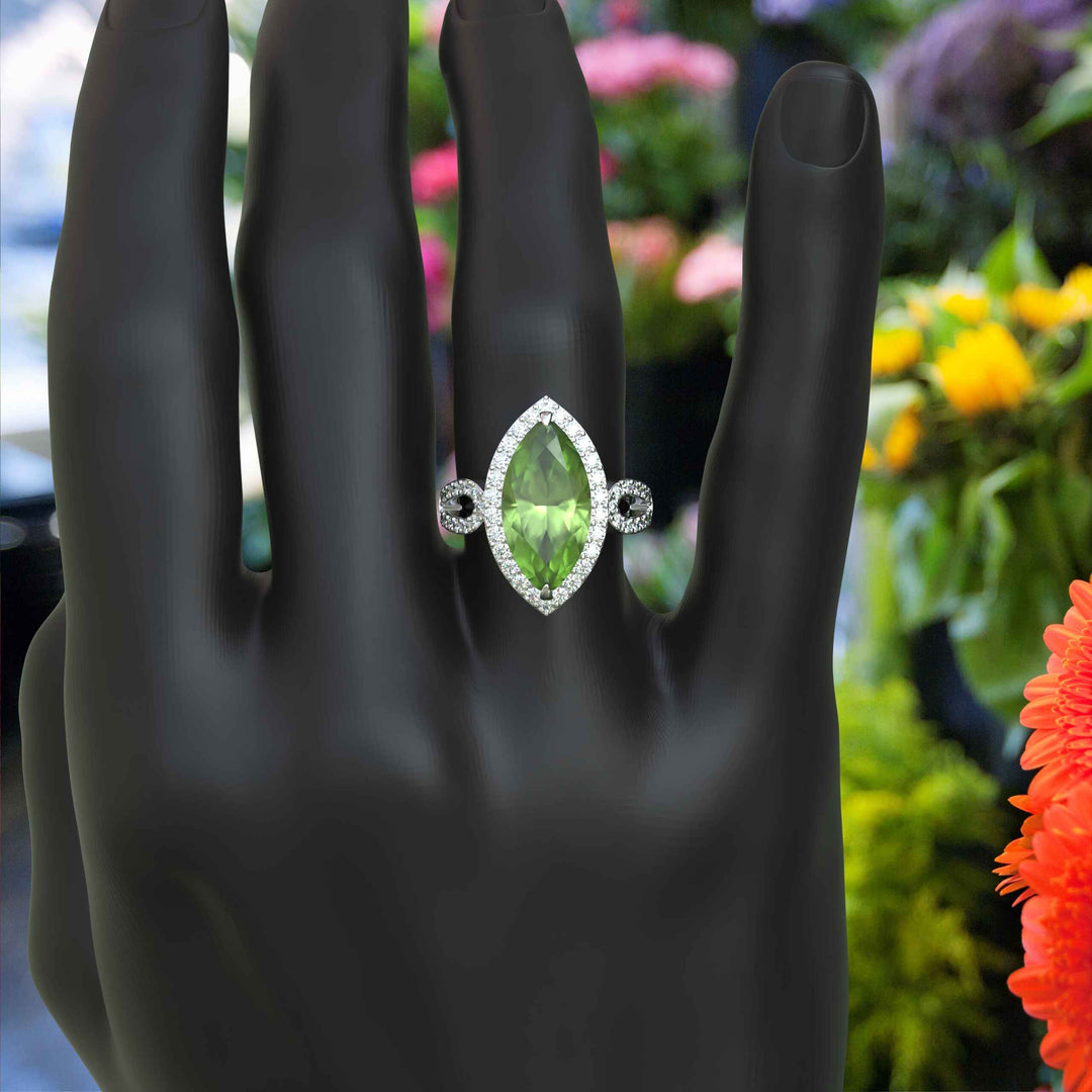 Luminous Grandeur: 8.0ct Marquise Peridot Ring with Moissanites on Halo.