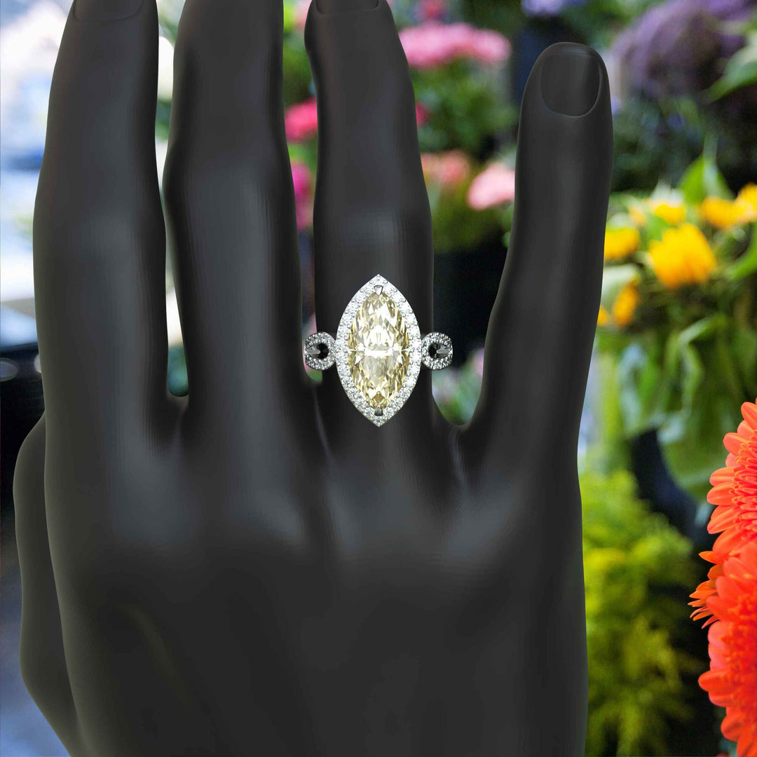 Sunlit Splendor: Expansive 8.0ct Marquise Yellow Moissanite Halo Ring.