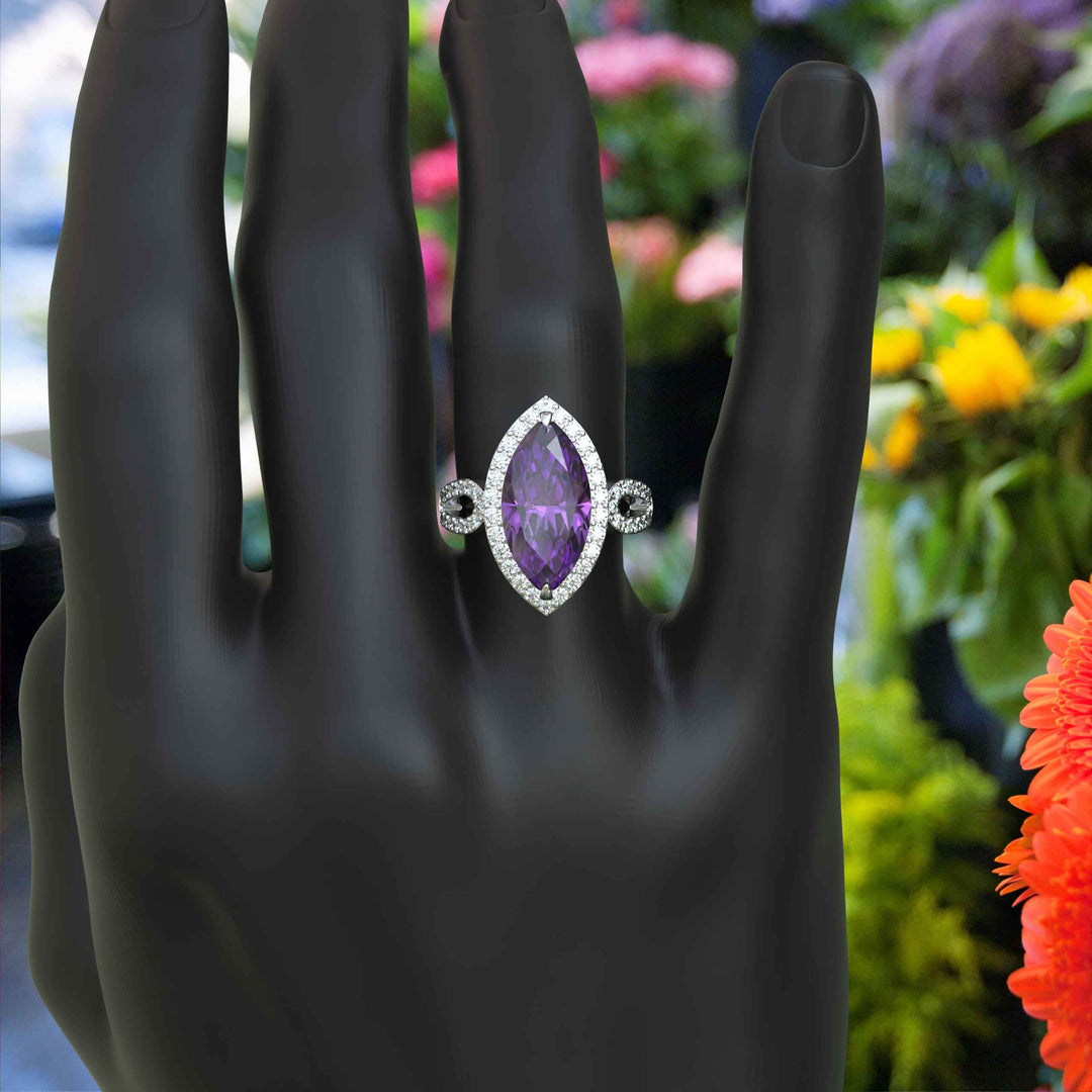 Large 8.0ct Marquise Amethyst Engagement Ring with Lustrous Moissanite Halo