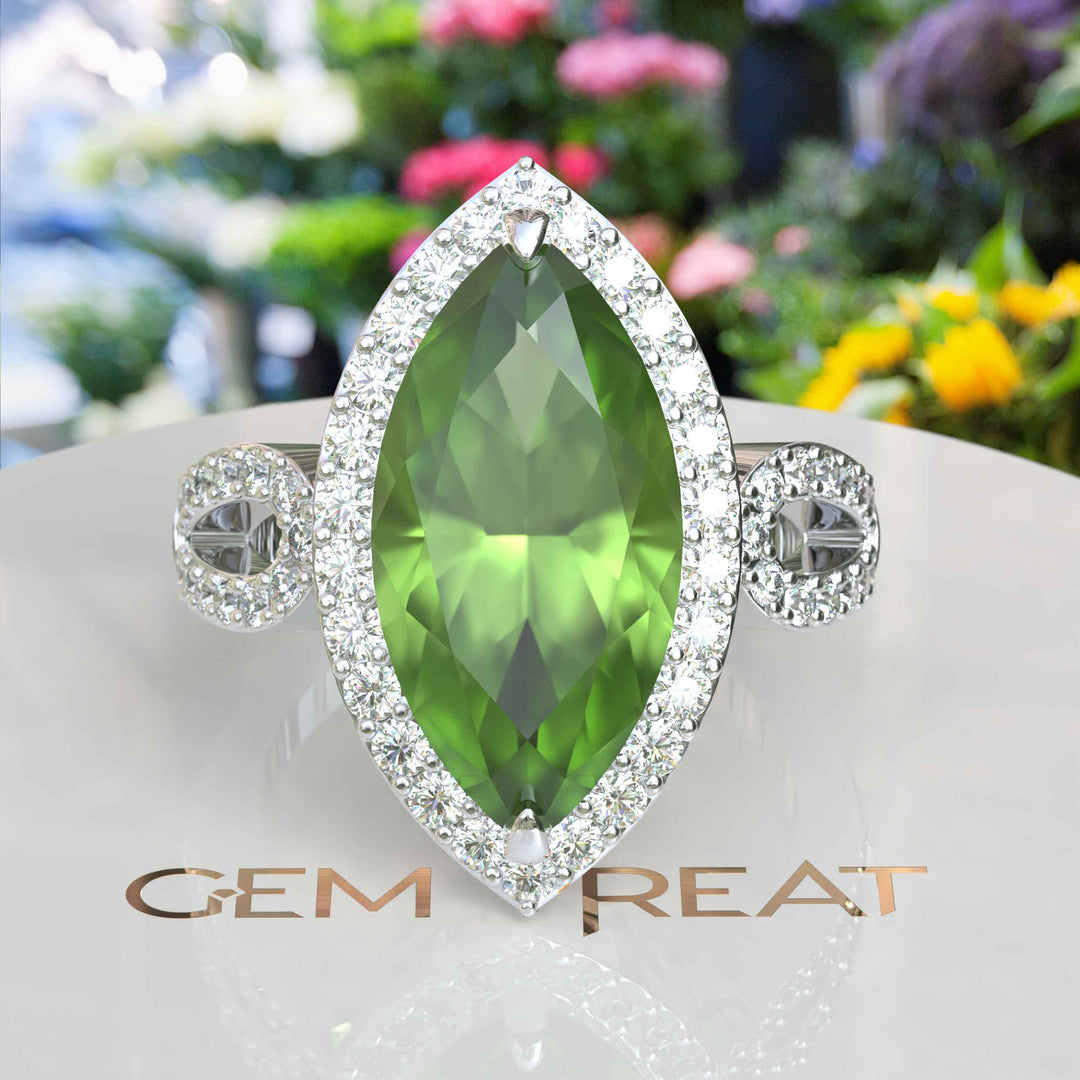 Luminous Grandeur: 8.0ct Marquise Peridot Ring with Moissanites on Halo.