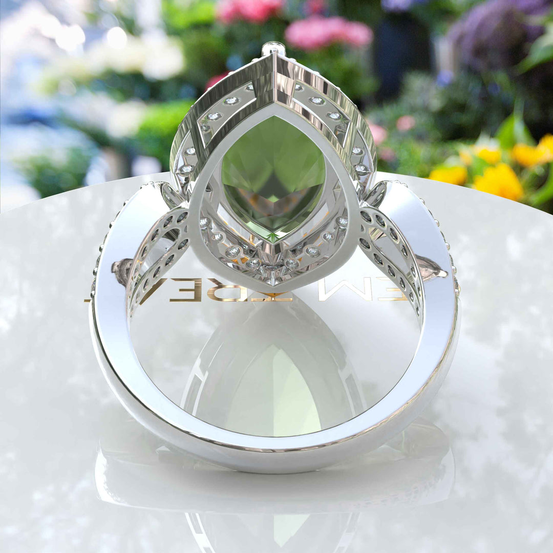 Luminous Grandeur: 8.0ct Marquise Peridot Ring with Moissanites on Halo.