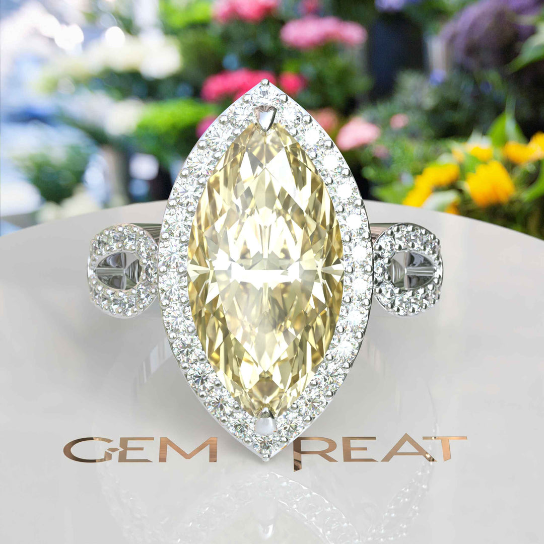 Sunlit Splendor: Expansive 8.0ct Marquise Yellow Moissanite Halo Ring.